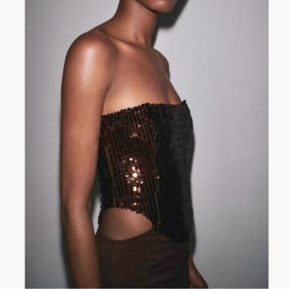 Zara sequin embellished brown Strapless cut out modern fit midi Dress size small - Picture 3 of 16